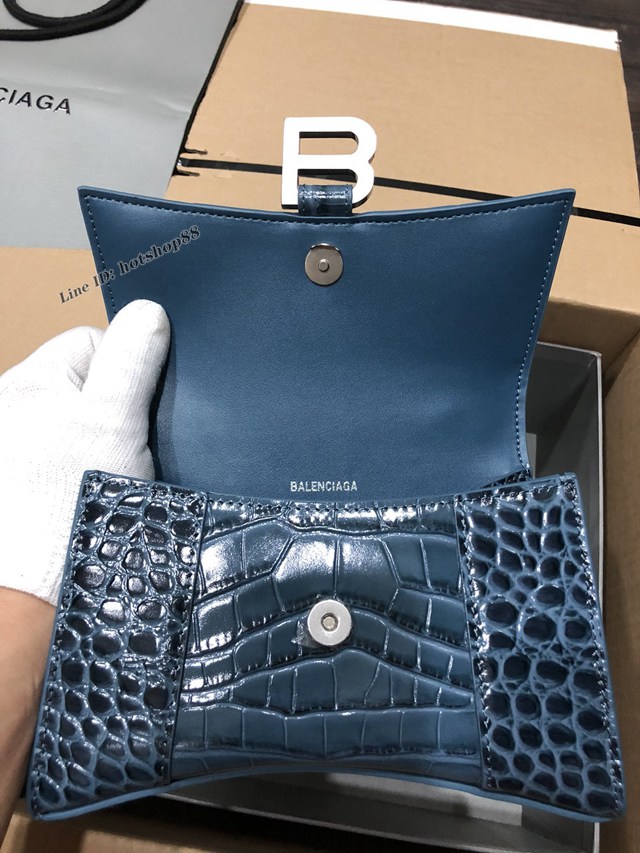 Balenciaga專櫃爆款小號手提女包 巴黎世家鱷魚灰藍色銀扣Hourglass沙漏包 fyj1643